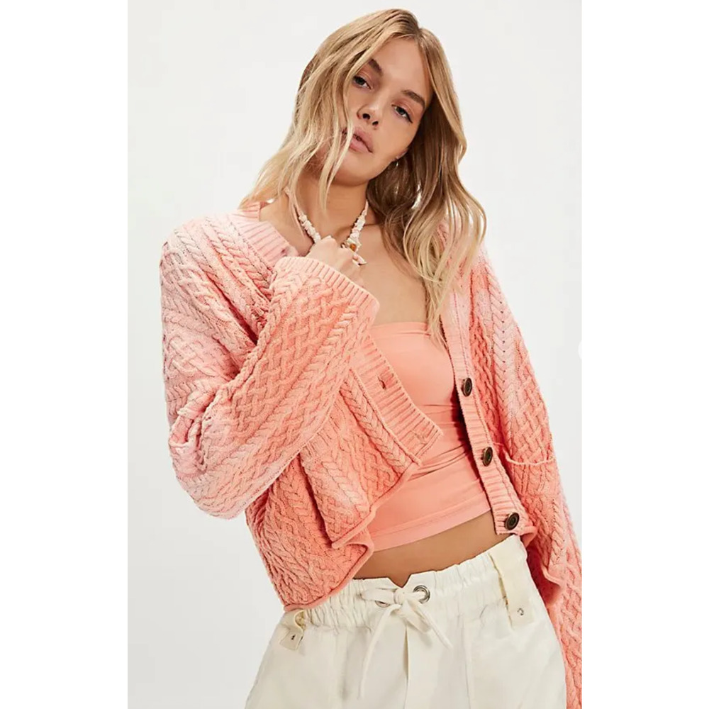 NEW FREE PEOPLE PINK CLOUD COMBO WASHED ASHORE CARDI CARDIGAN SWEATER SZ M